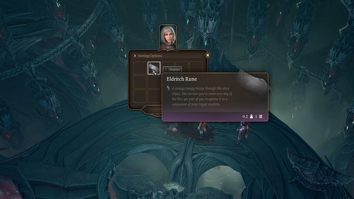 Baldur's Gate 3 image showing a player looking in the inventory of a corpse, hovering over an Eldritch Rune.