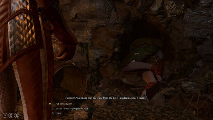 The player interacts with a deceased elf in a hole in the wall of the Worg Pens prison cell in Baldur's Gate 3