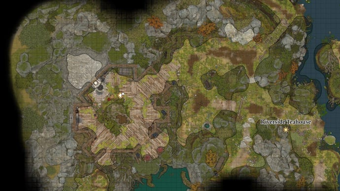 Baldur's Gate 3 image showing the location of Ethel's Teahouse in the swamp.