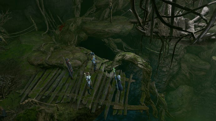 Baldur's Gate 3 image showing a crate hanging over a pit underground.
