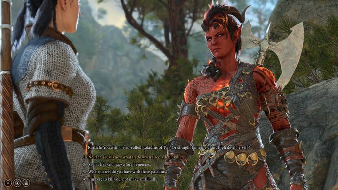 The player speaks with companion, Karlach, in Baldur's Gate 3