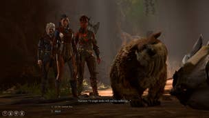 The player speaks with an Owlbear Cub in Baldur's Gate 3
