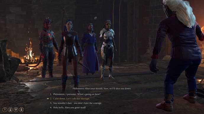The player speaks with Philomeen and attempts to calm her down in Baldur's Gate 3