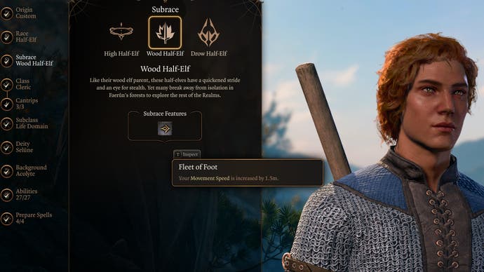Cropped menu showing the race feature of a wood half-elf.