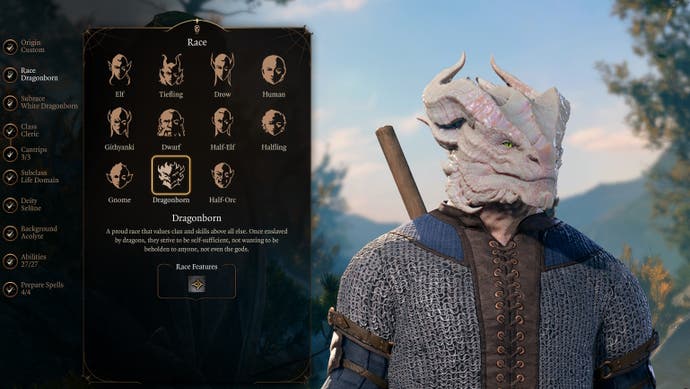 Menu showing the different races with the white dragonborn selected.