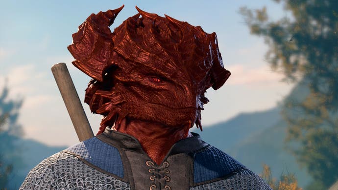 Close up of male shaped Red Dragonborn.