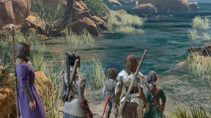 Das Bild von Baldur's Gate 3 zeigt eine Gruppe, die mit einem jungen Tiefling an einem kleinen Strandabschnitt am Wasser steht.