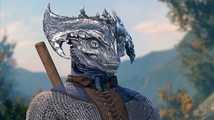 Close up of female shaped Silver Dragonborn.