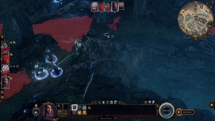 White line and circle showing the jumping path of a character in a dark cave, with red showing an enemy's sight line to the left.