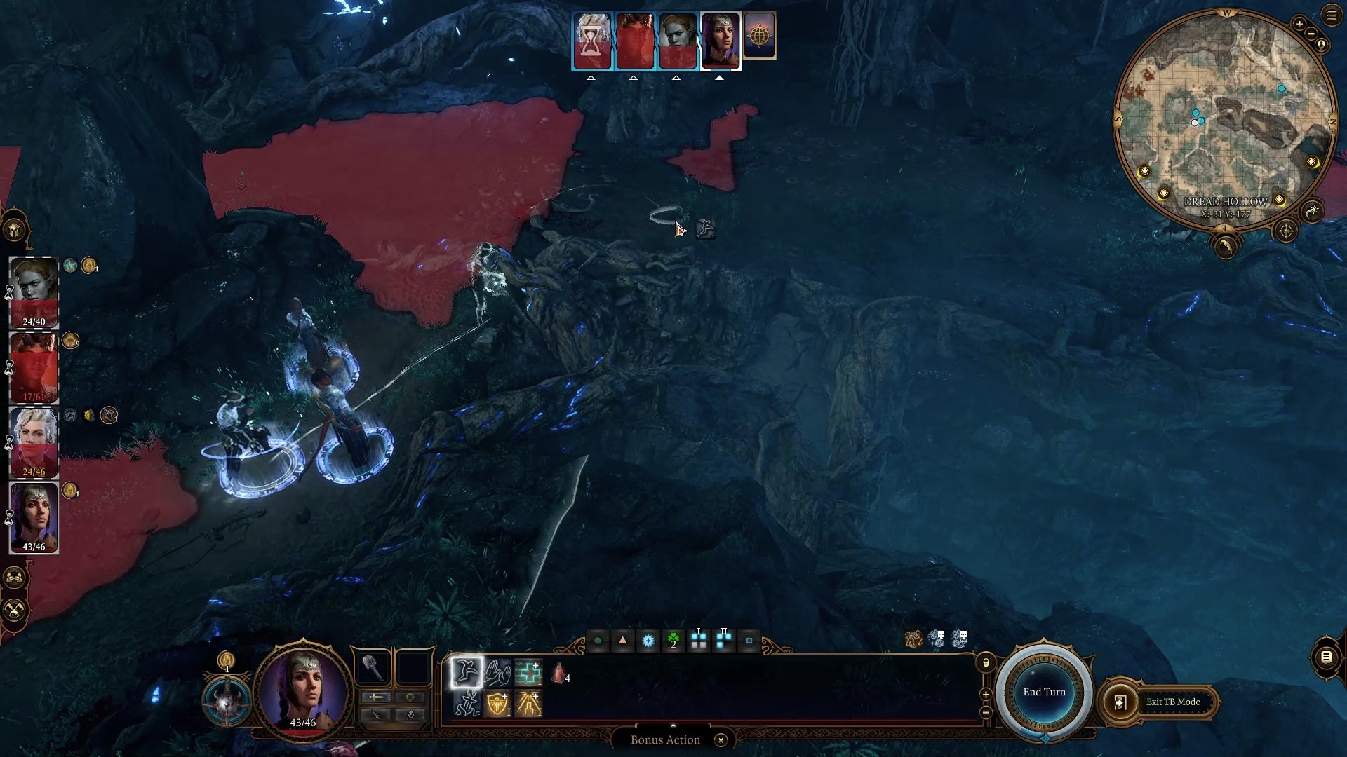 Línea blanca y círculo que muestran la trayectoria de salto de un personaje en una cueva oscura, y el rojo muestra la línea de visión de un enemigo hacia la izquierda.