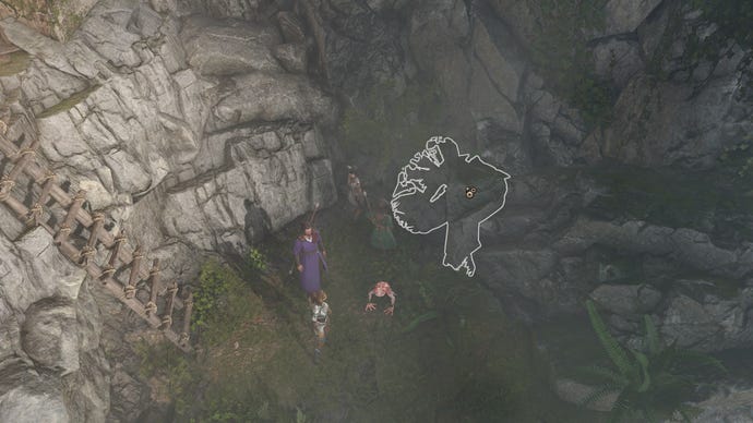 Baldur's Gate 3 image showing a group of people stood by a highlighted rock.
