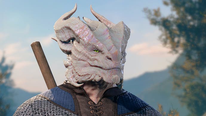 Close up of male shaped White Dragonborn.