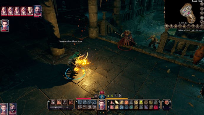 Baldur's Gate 3 screenshot showing a character concentrating on the flame blade spell, as skeletons stumble up some stairs.