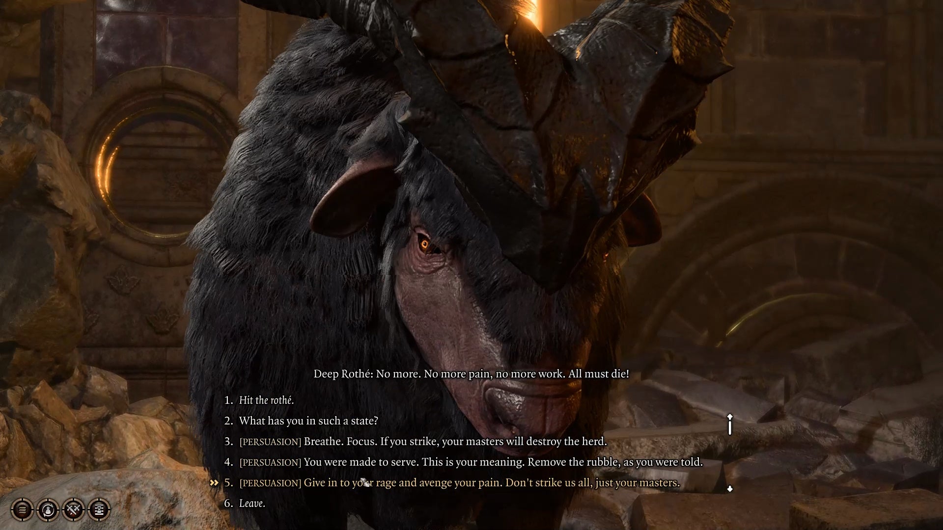 La opción de diálogo resaltada le dice a una criatura con apariencia de buey con cuernos que mate a sus amos con la criatura detrás del texto.