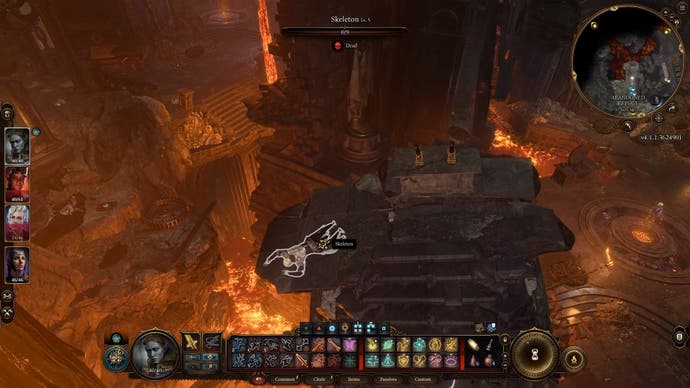 Cursor highlighting a corpse beside levers and above lava.