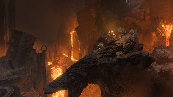 Baldur's Gate 3 art showing three adventurers descending a staircase into some fiery ruins.