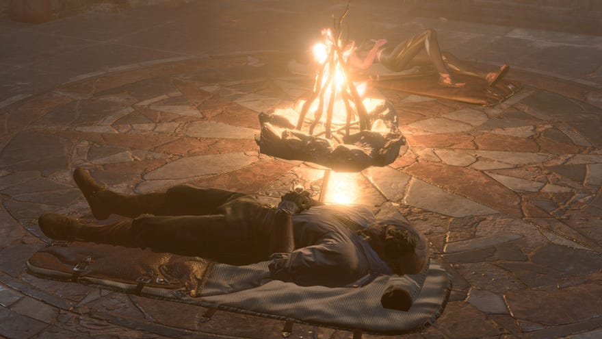 Baldur's Gate 3 image showing a Half-Orc and Shadowheart lying in their bedrolls by the campfire.