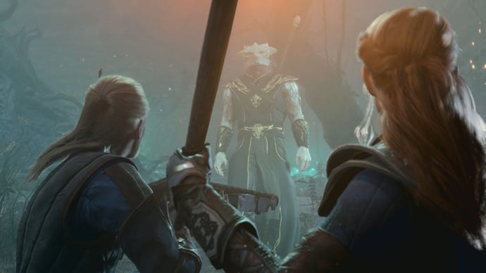 Dois guerreiros se preparam para afastar um personagem Dark Urge Dragonborn em Baldur's Gate 3