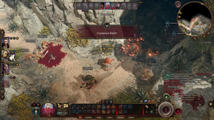Baldur's Gate 3 screenshot showing: A pack of gnolls, all surprised, under the banner 'Commence battle!'