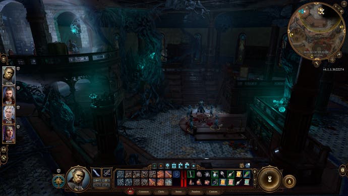 Baldur's Gate 3 screenshot showing: The party, high up on a balcony, overlook a sinister surgery