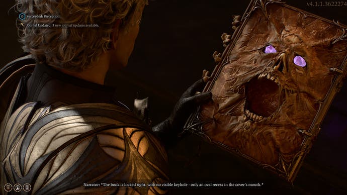 Baldur's Gate 3 screenshot showing: A successful perception check is narrated, over a screaming book with a face