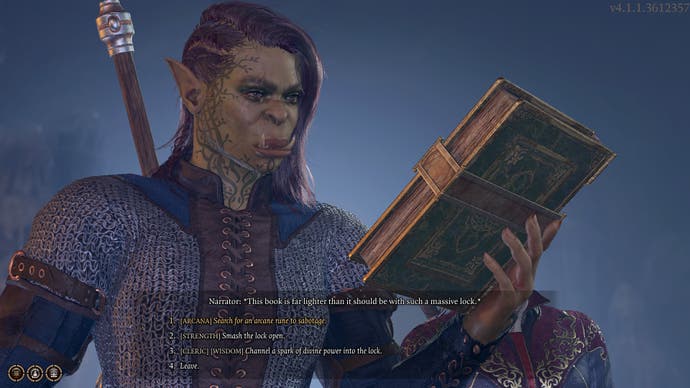 Baldur's Gate 3 screenshot showing: The player character holding a mysterious book, and one of the options is a specialcleric option