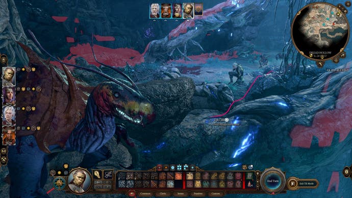 Baldur's Gate 3 screenshot showing: The party crouching down to avoid a large winged monster, surrounded by red vision cones.