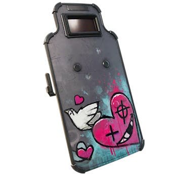 ballistic shield menu item with graffiti of a pink heart and a white bird on its bottom side