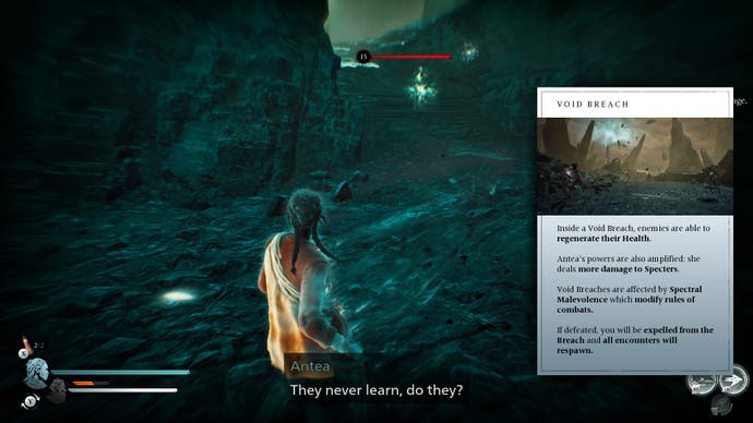Capture d'écran de Banishers : Ghosts of New Eden, montrant Antea dans un vide rocheux, à côté d'une info-bulle expliquant comment fonctionne le combat contre une brèche dans le vide.