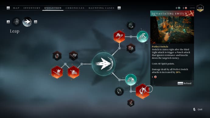 Capture d'écran de Banishers : Ghosts of New Eden, montrant un arbre de compétences avec des branches de seulement deux nœuds de long, avec une grande info-bulle visible pour une compétence « changement parfait »