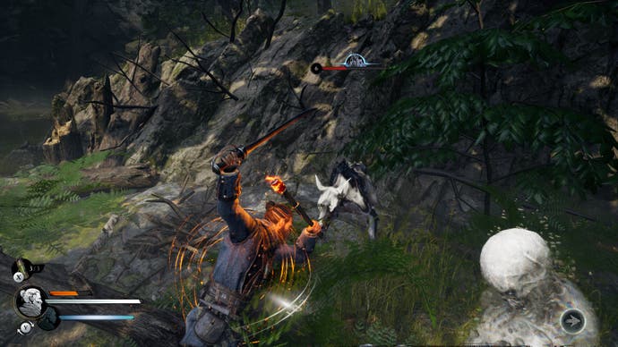 Capture d'écran de Banishers : Ghosts of New Eden, montrant Red attaquant un loup au corps à corps