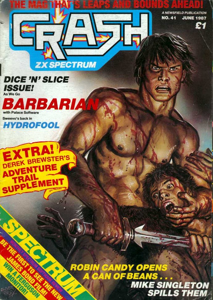 A gory Oli Frey frontcover from Crash Magazine, featuring a bloody, topless barbarian plunging a sword into an enemy.