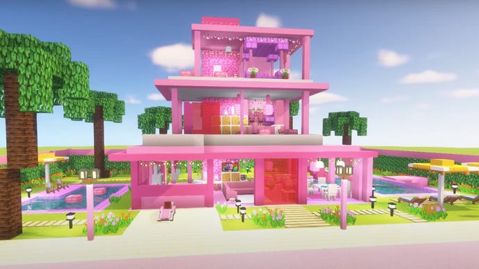 A screenshot of a Barbie Dream House, made in Minecraft by YouTuber Brookella.