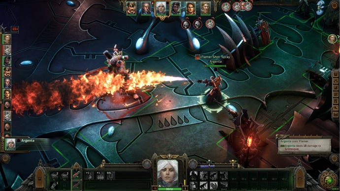A battle in Warhammer 40,000: Rogue Trader, showing one character using a flamethrower on an enemy.