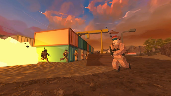 Blocky soldiers run around a sunset battlefield in BattleBit Remastered