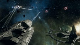 Big metallic ship fires at smaller ones in space from a screenshot for Battlestar Galactica Deadlock