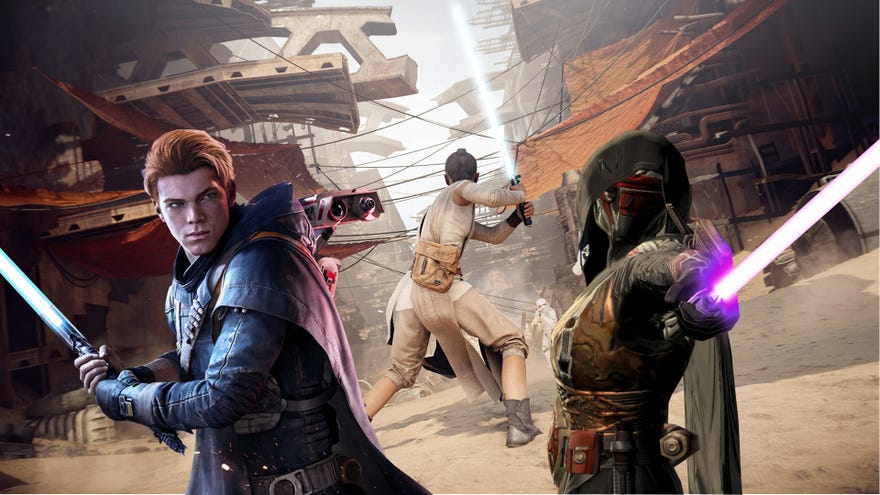 An image showing Cal Kestis and a character from the Knight of Revan The Old Republic expansion against a backdrop of Rey fighting Stormtroopers on Jakku.