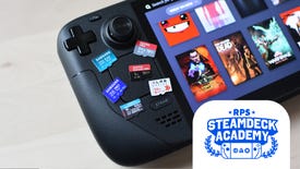 The best Steam Deck microSD cards, on top of a Steam Deck. The RPS Steam Deck Academy logo is added in the bottom right corner.