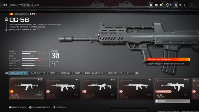 menu view of the dg-58 assault rifle and its stats