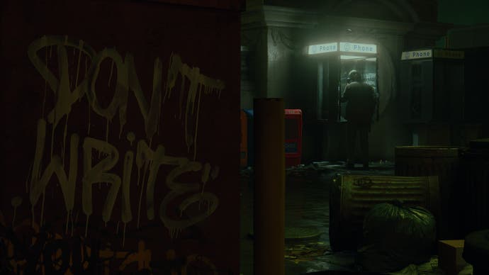 Alan Wake 2 screenshot showing Alan Wake in the background in a phone booth with grafitti in the foreground