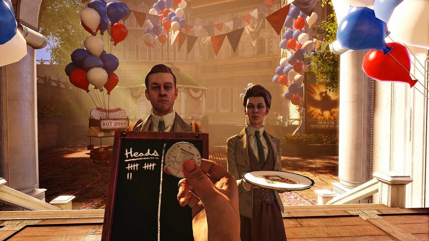 The Lutece Twins (Robert and Rosalind) stand on a festively decorated city street filled with red, white, and blue balloons and flags. Robert wears a sandwich board with the word "HEADS" written atop a visible column and several bar-and-gate tallies underneath; Rosalind holds an empty plate. In the foreground, Booker's hand in first person holds a coin with an image of a sword and shield on it.