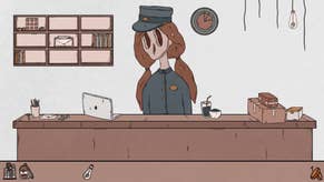 A screenshot from the illustrative game Birth. A feminine character with an apparently hollow face - there are holes where the eyes and nose should be, and nothing inside of them - sits behind a reception desk.