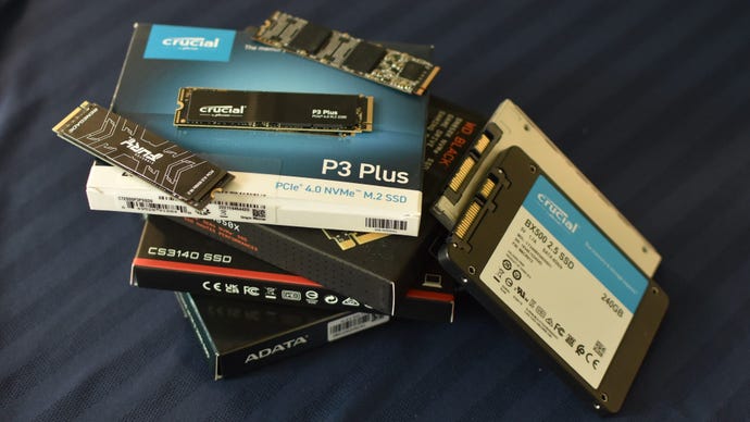 A pile of assorted SSDs.