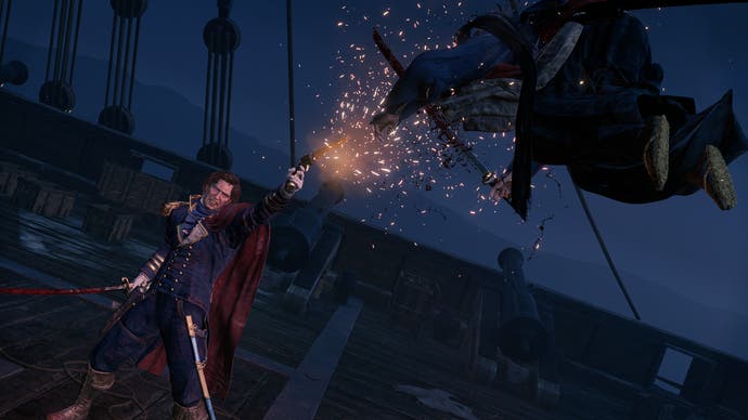 Capture d'écran officielle de Rise of the Ronin montrant un joueur tirant sur un ennemi en l'air avec une arme de poing à bord d'un navire