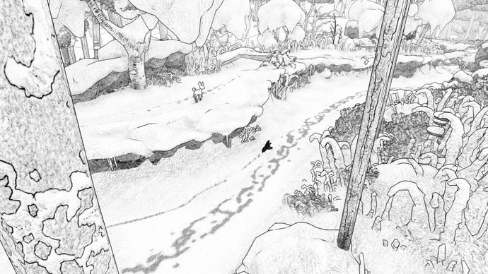 A screenshot from Blanc showing the fawn and the wold pup following a pair of tracks through the snow