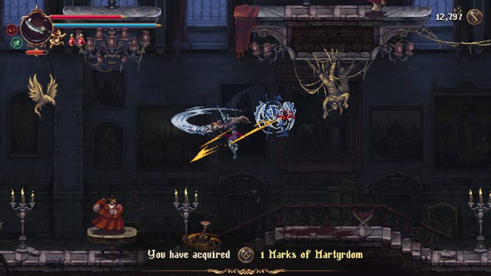 Fighting a smaller enemy in an indoor hall with chandeliers in the soulslike Blasphemous 2