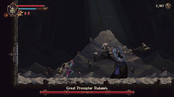 Fighting a boss in Blasphemous 2, a skeleton dressed in a priest robe next to a huge pile of ash.