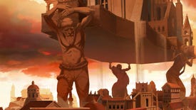 A giant yellow stone city being held aloft by three giant characters, in an opening cutscene from Blasphemous 2