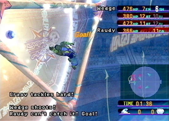 A screenshot of a Blitzball match in Final Fantasy 10 - player Wedge has snuck the ball past goalie Raudy. It's another win for the Besaid Aurochs!