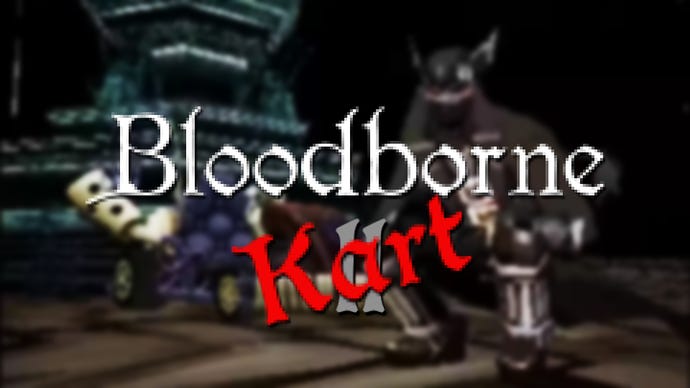 Header image for Bloodborne Kart, featuring the official logo for Bloodborne, and a PS1-style Kart addendum. A faded 'II' is in the background, as well as a picture of a hunter hunkered down next to his kart.